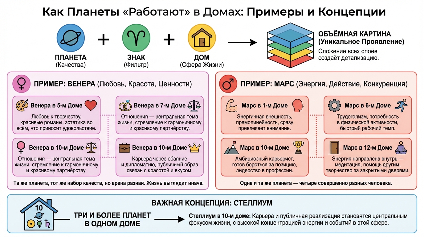 Как планеты работают в домах — примеры