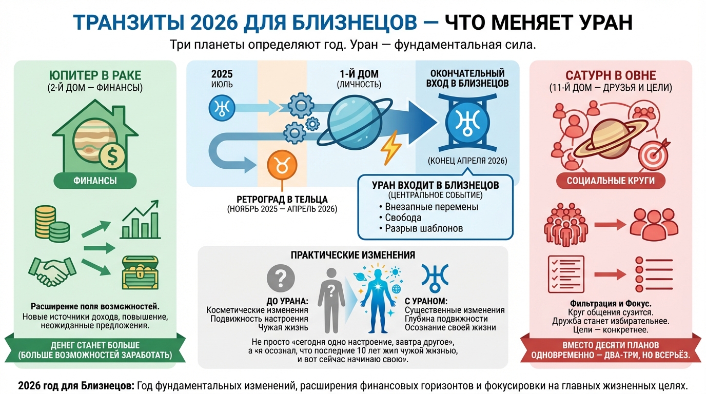 Транзиты 2026 года для Близнецов — что меняет Уран