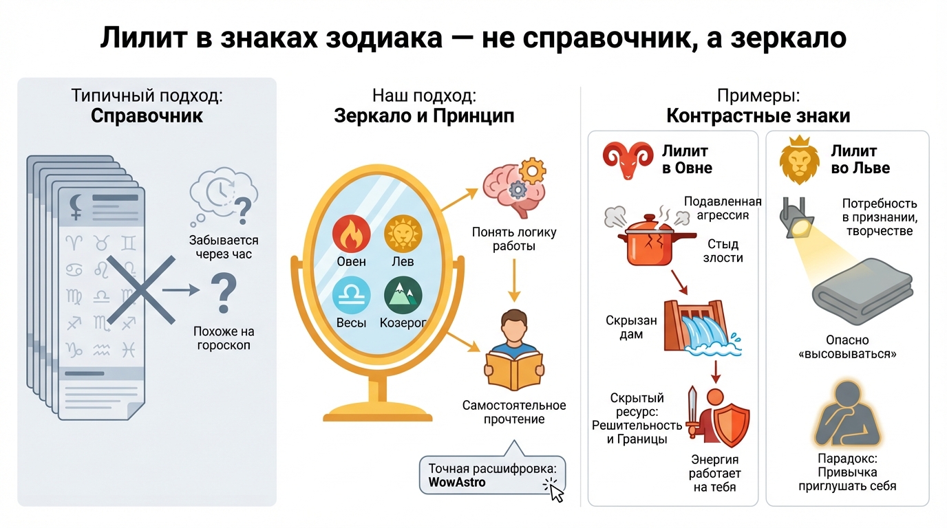 Лилит в знаках зодиака — не справочник, а зеркало