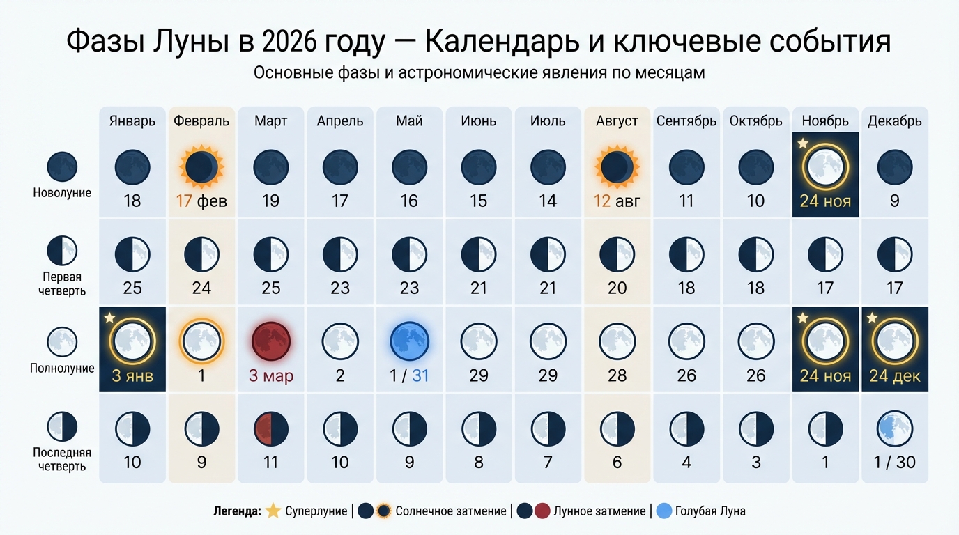 Фазы Луны 2026 — полная таблица новолуний и полнолуний