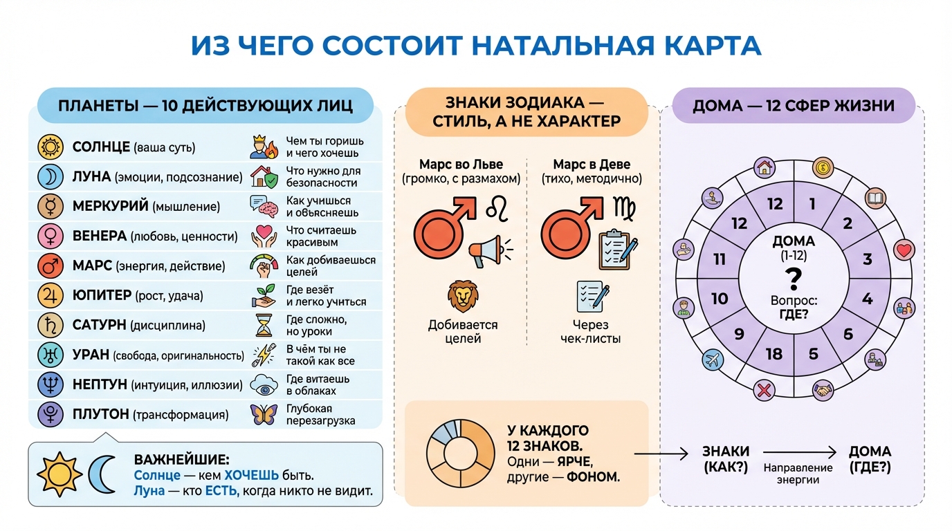 Из чего состоит натальная карта: планеты, знаки, дома и аспекты