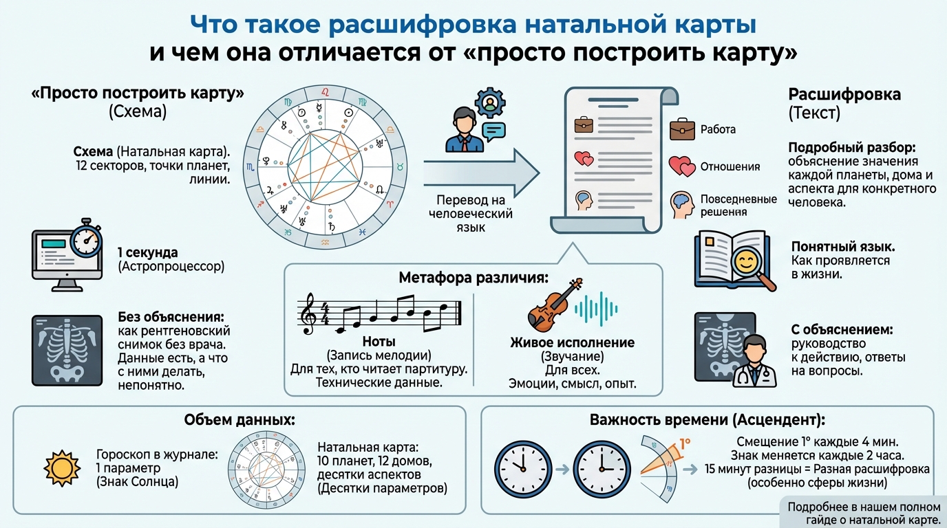 Что такое расшифровка натальной карты и чем она отличается от «просто построить карту»