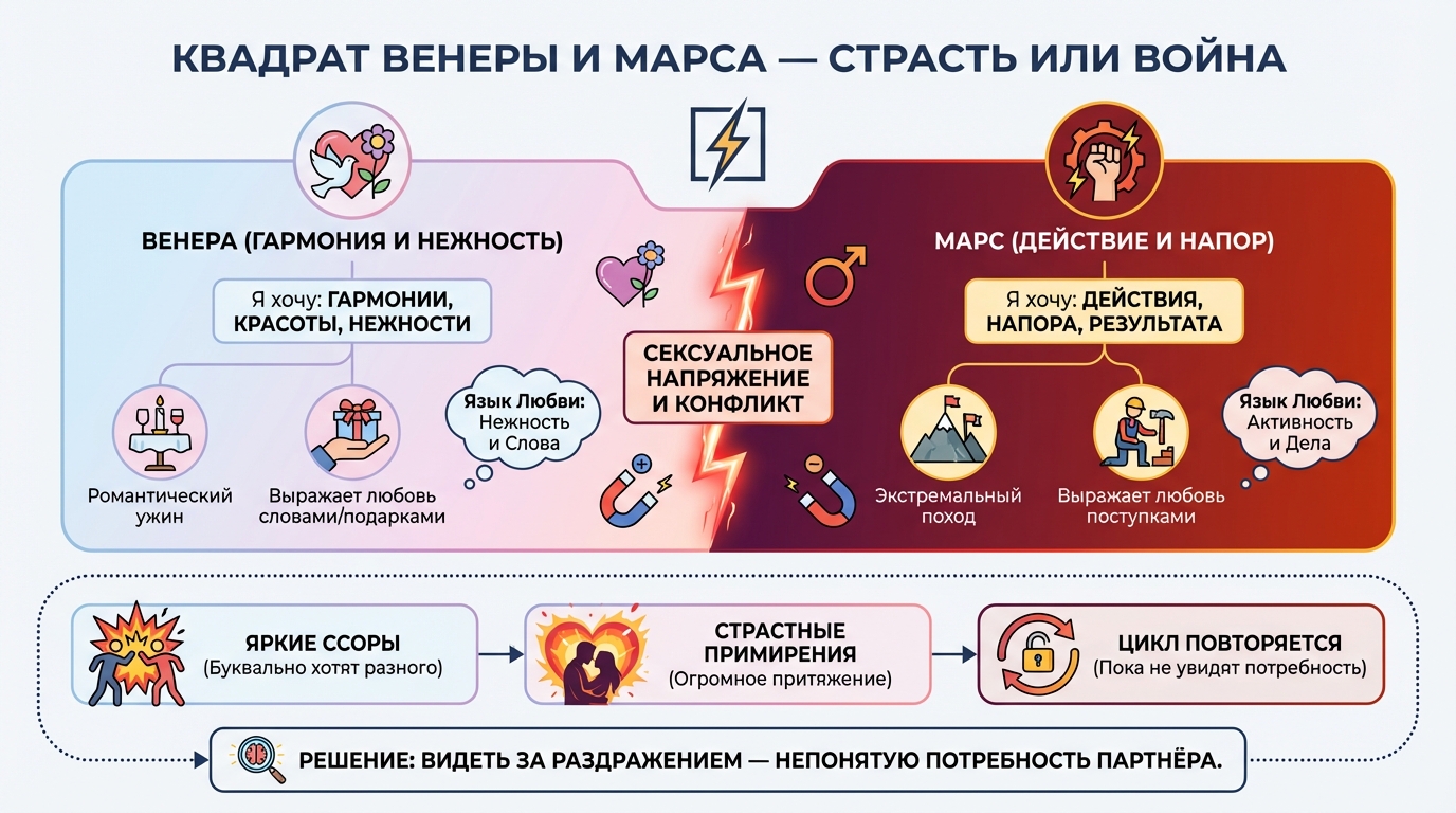 Квадрат Венеры и Марса — страсть или война