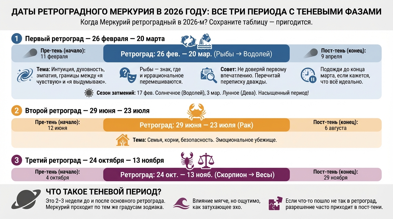 Даты ретроградного Меркурия в 2026 году