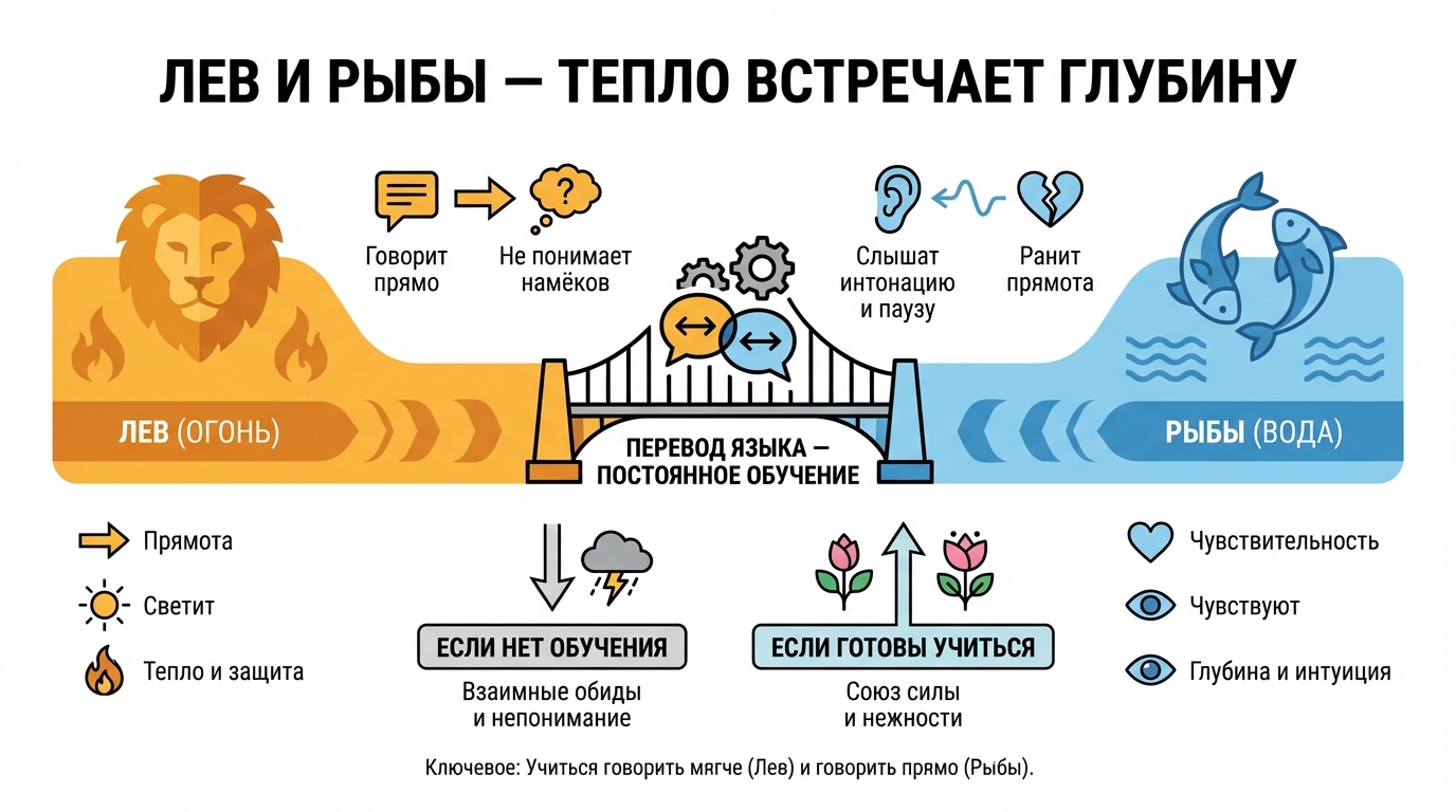 Лев и Рыбы — тепло встречает глубину