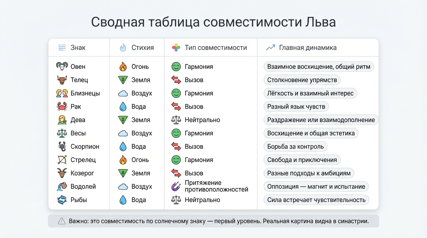 Сводная таблица совместимости Льва