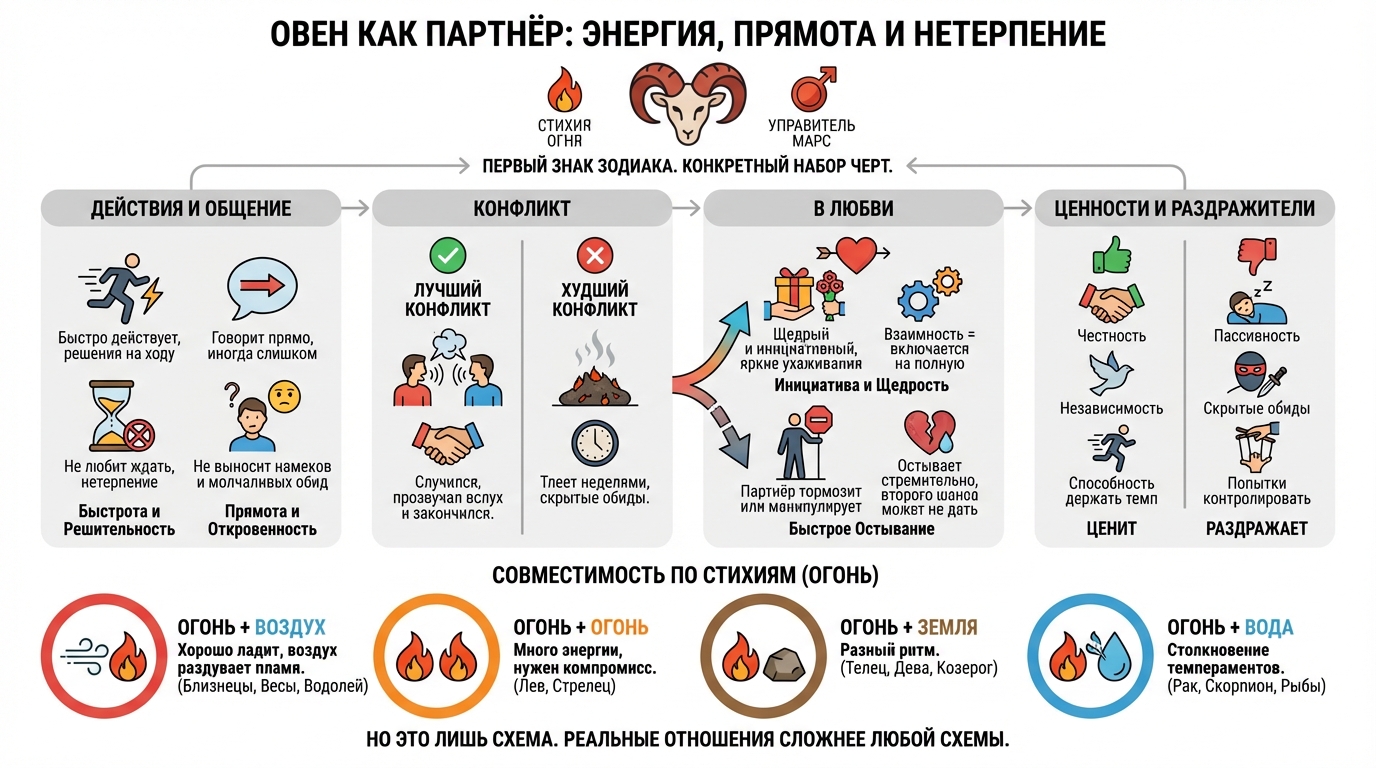 Овен как партнёр — энергия, прямота и нетерпение