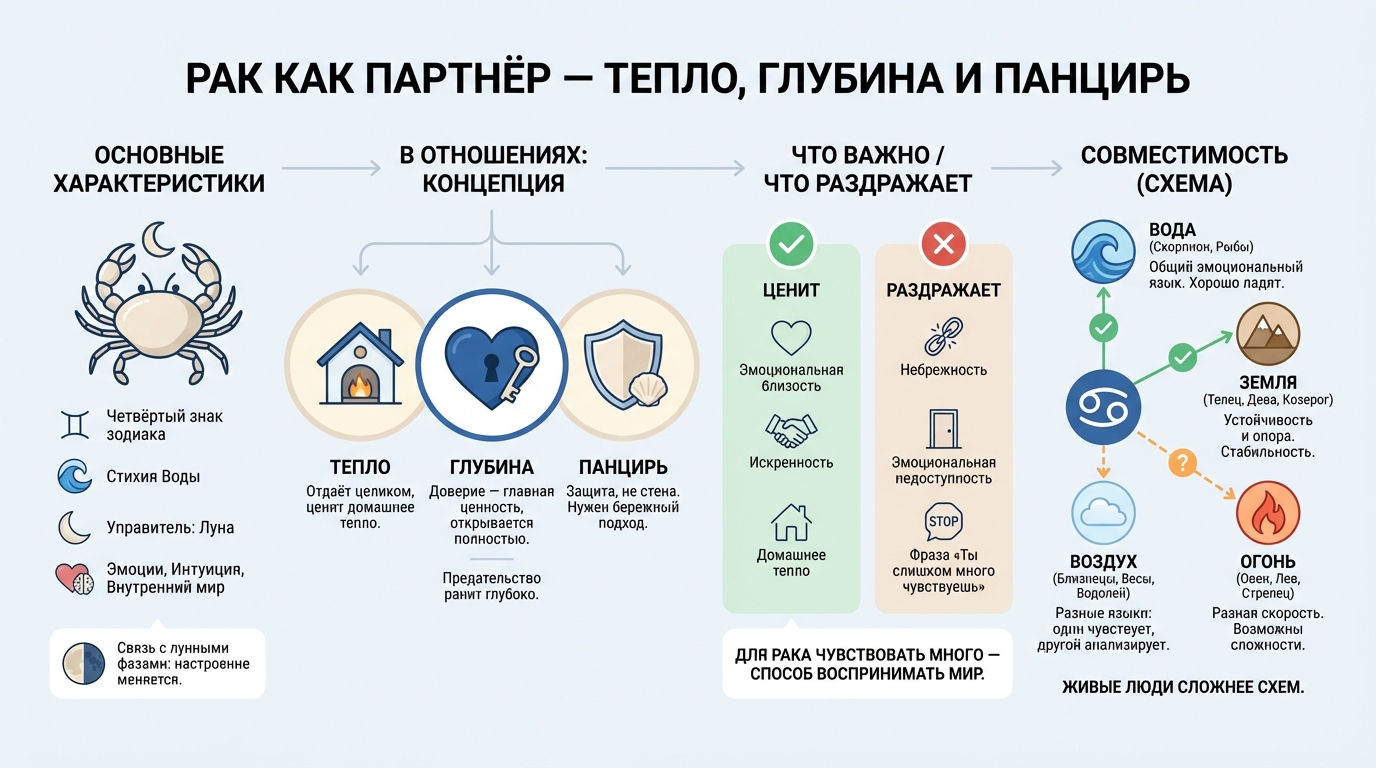Рак как партнёр — тепло, глубина и панцирь