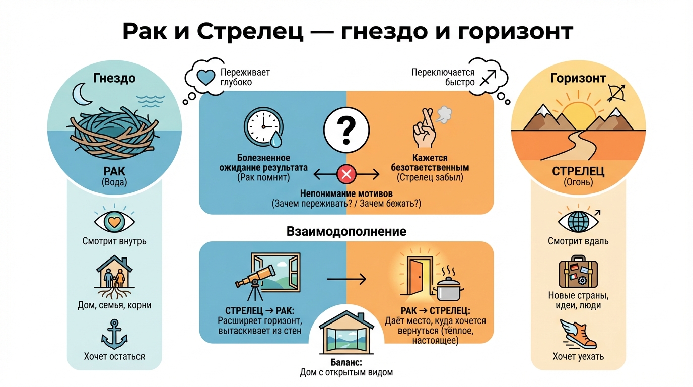 Рак и Стрелец — гнездо и горизонт