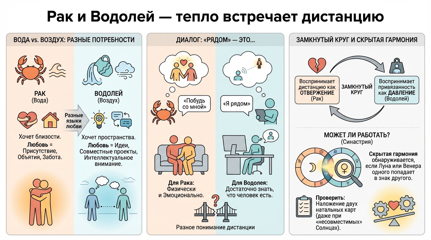 Рак и Водолей — тепло встречает дистанцию