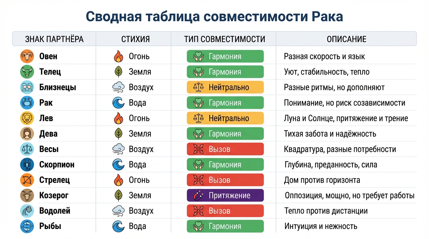 Сводная таблица совместимости Рака
