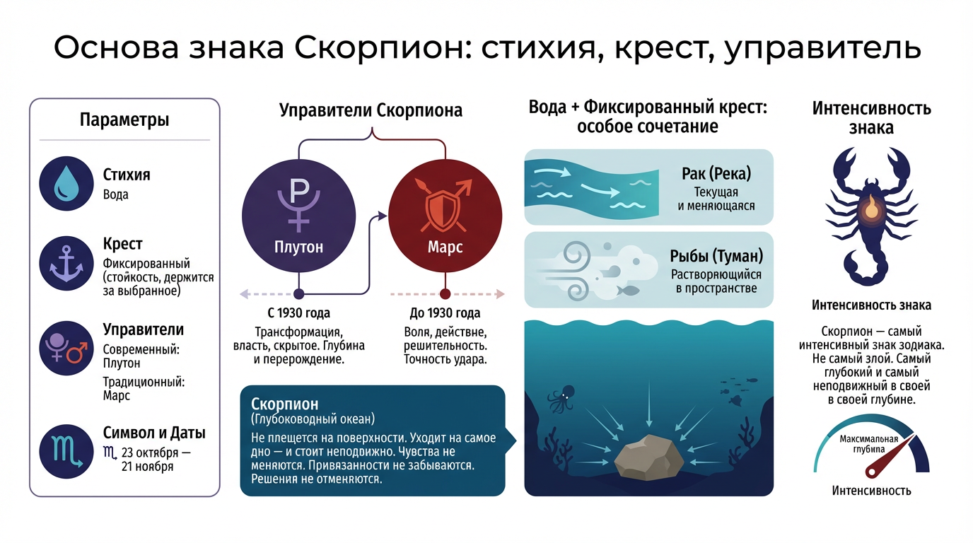 Основа знака Скорпион: стихия, крест, управитель